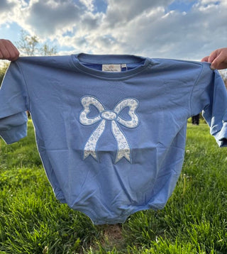 Blue Toile Applique Bow Sweatshirt Romper or Crewneck