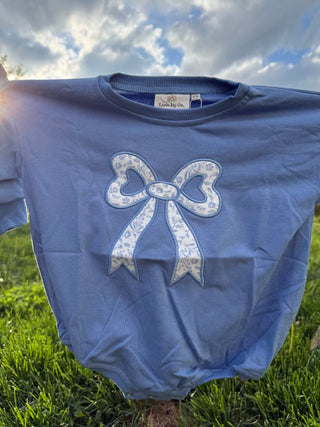 Blue Toile Applique Bow Sweatshirt Romper or Crewneck