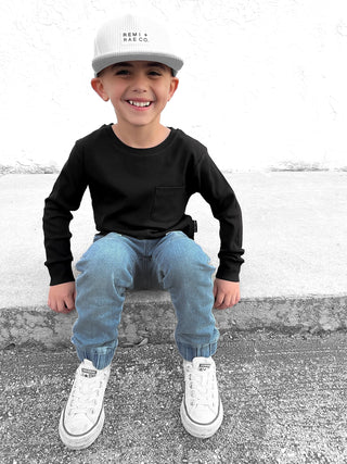 BAMBOO RIBBED LONG SLEEVE POCKET TEE - BLACK