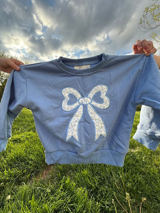 Blue Toile Applique Bow Sweatshirt Romper or Crewneck