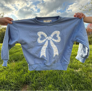 Blue Toile Applique Bow Sweatshirt Romper or Crewneck