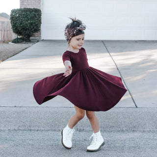 MID SLEEVE TWIRL DRESS- Black Cherry Ribbed