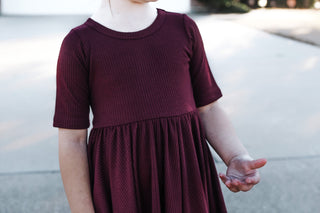 MID SLEEVE TWIRL DRESS- Black Cherry Ribbed