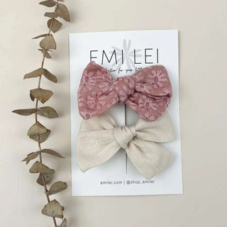 Alligator Clip Bow Set- Embroidered Blush/Ivory - Bella Rose Chic Boutique