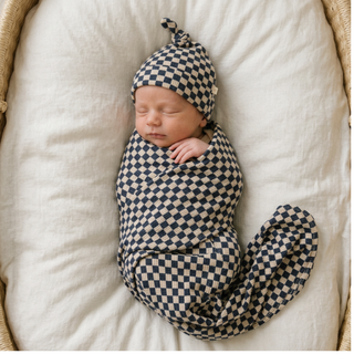 Organic Swaddle Blanket & Hat Set - Midnight Check
