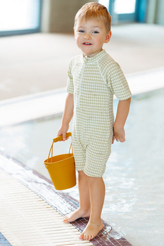 Green Gingham Zipper Shortall Swimsuit