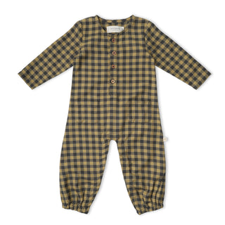 Organic Long Sleeve Button Romper - Olive Gingham