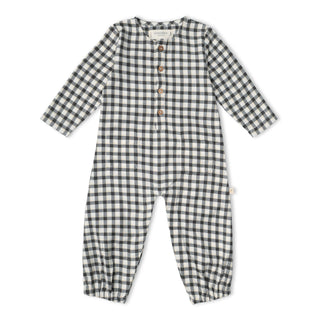 Organic Long Sleeve Button Romper - Charcoal Plaid