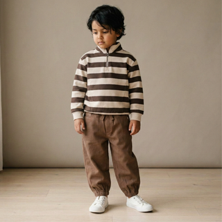 Organic Fleece Half Zip Sweatshirt - Mocha Stripe