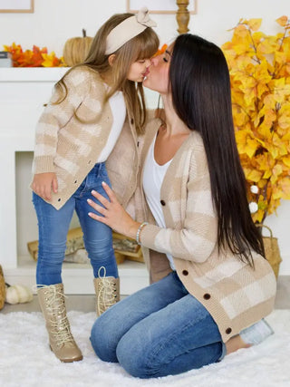 Toddler Girl Beige and White Checkered Cardigan