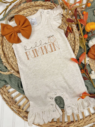 Hello Pumpkin baby girl ruffle romper, Fall outfit for girls