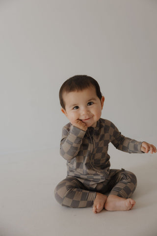 Bamboo Zip Pajamas | Faded Brown Checkerboard