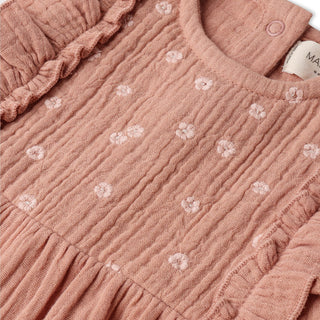 Organic Embroidered Ruffle Romper - Clay