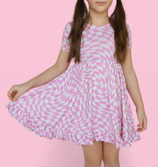 BUBBLEGUM WAVY CHECKERS DREAM RUFFLE DRESS