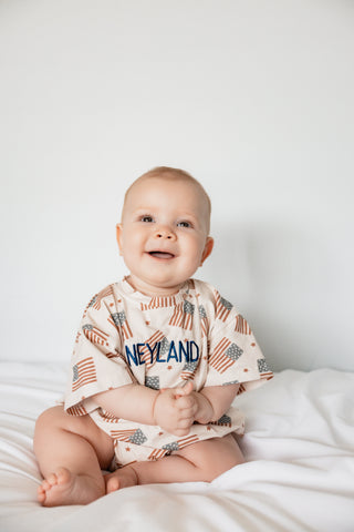 4th of July Flag Print T-Shirt Romper - optional custom embroidery