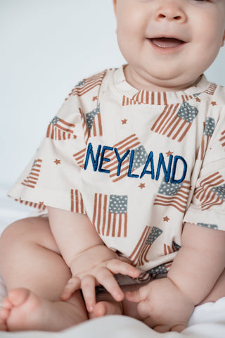 4th of July Flag Print T-Shirt Romper - optional custom embroidery