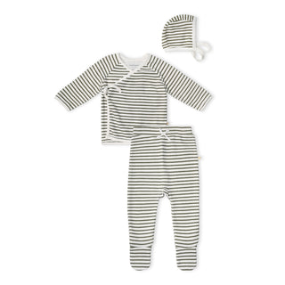Organic Kimono Top & Footed Pants Set - Olive Stripes