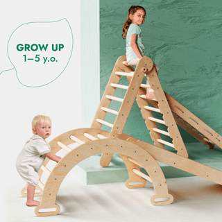 4in1 Montessori Climbing Set: Triangle Ladder + Climbing Arch + Slide Board + Net – Beige