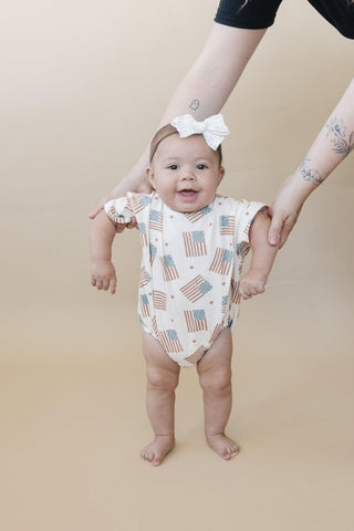 4th of July Flag Print T-Shirt Romper - optional custom embroidery
