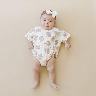 4th of July Flag Print T-Shirt Romper - optional custom embroidery