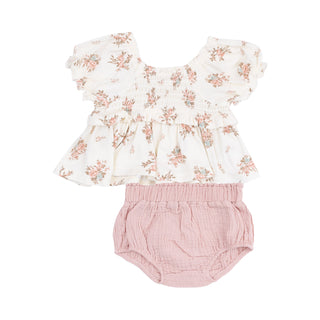 Cap Sleeve Smocked Blouse and Muslin Bloomer - Vintage Rosebuds