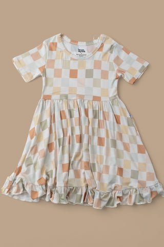 MUTED CHECKERS DREAM RUFFLE DRESS