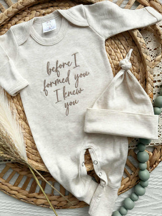 Baby Romper | Before I Formed You - Taupe/Oatmeal script