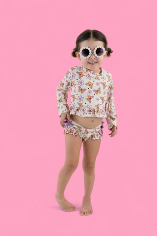BLOSSOMIN’ BUTTERFLY DREAM 2-PIECE RASH GUARD RUFFLE SWIM SUIT