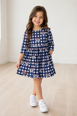 Auburn Plaid Aubie 3/4 Sleeve Pocket Twirl Dress