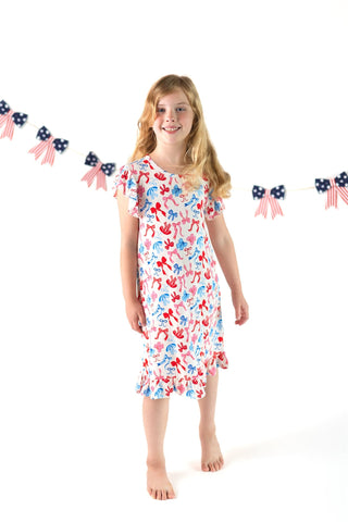 Red, White, & Blue Nightgown | Patriotic Bows Girls Bamboo Nightgown