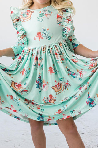 Believe in Your Elf 3/4 Sleeve Ruffle Twirl Dress