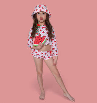 ONE IN A MELON DREAM TWO PIECE RASH GUARD RUFFLE SWIM SUIT