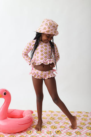 BLUSHIN' CHECKERS DREAM RASH GUARD RUFFLE TWO-PIECE SWIM SUIT