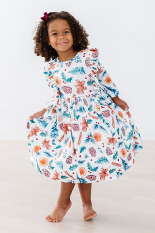 Classic Christmas 3/4 Sleeve Ruffle Twirl Dress