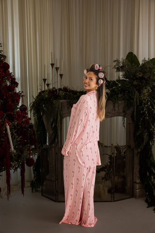 Women's Bamboo Button Up Lounge Set | Pink Candy Cane
