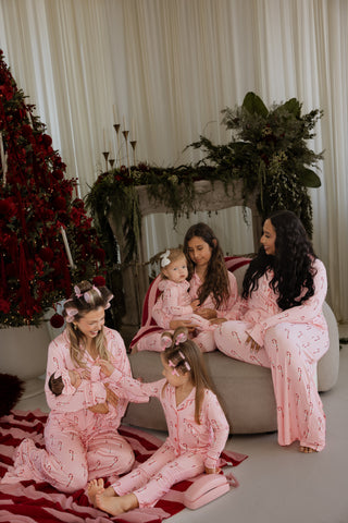 Girl's Bamboo Button Up Lounge Set | Pink Candy Cane