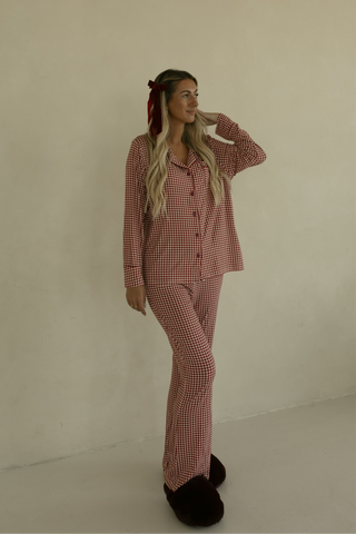 Women's Bamboo Button Up Lounge Set | Red Gingham