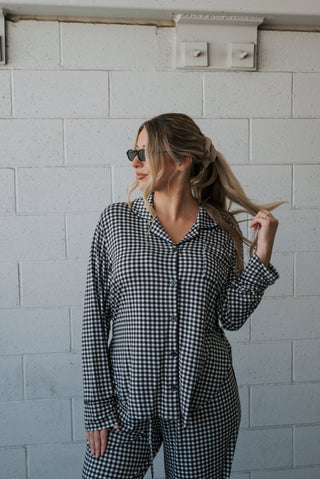 Women's Bamboo Button Up Lounge Set | Black Gingham