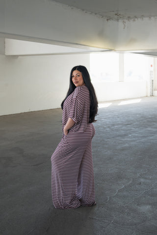 Women's Bamboo Crop Tee Lounge Set | Maroon Stripe
