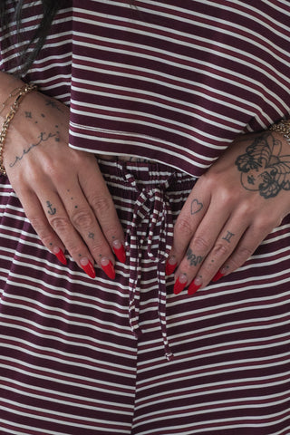 Women's Bamboo Crop Tee Lounge Set | Maroon Stripe