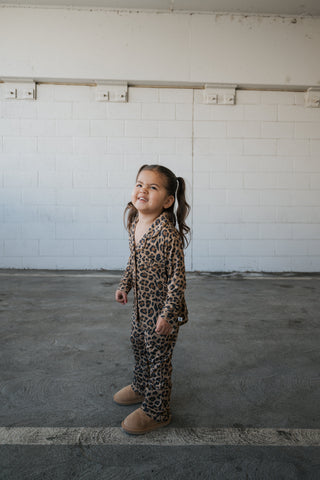 Girl's Bamboo Button Up Lounge Set | Leopard