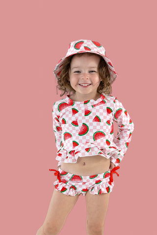 ONE IN A MELON DREAM TWO PIECE RASH GUARD RUFFLE SWIM SUIT