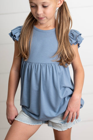 Ella Dusty Blue Ribbed Flutter Shirt