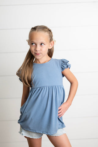 Ella Dusty Blue Ribbed Flutter Shirt