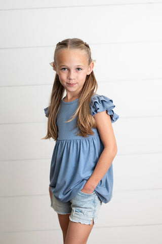 Ella Dusty Blue Ribbed Flutter Shirt