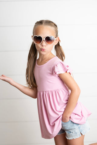 Ella Pink Ribbed Flutter Shirt