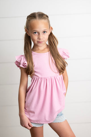 Ella Pink Ribbed Flutter Shirt