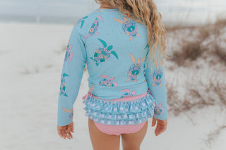 Elsie Mint Turtle Long Sleeve Rash Guard Ruffles Swimsuit