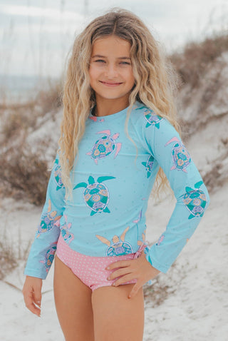 Elsie Mint Turtle Long Sleeve Rash Guard Ruffles Swimsuit