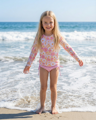 Emily Daisy Check Long Sleeve Rash guard Swimsuit